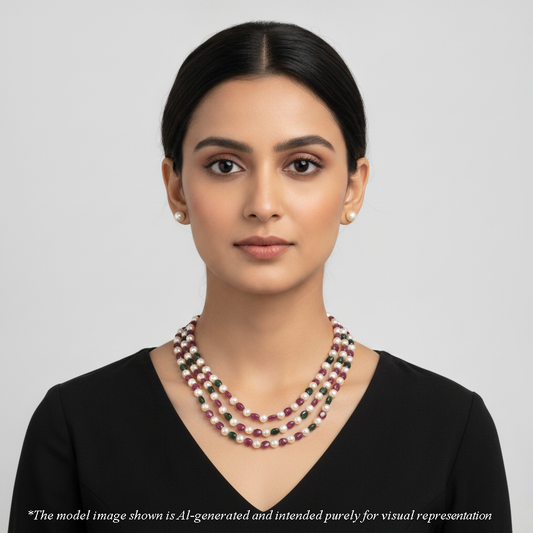 Natural Ruby & Emerald Beads and 6.0-7.0mm Golden Akoya Saltwater Pearls Necklace Set - A Quality