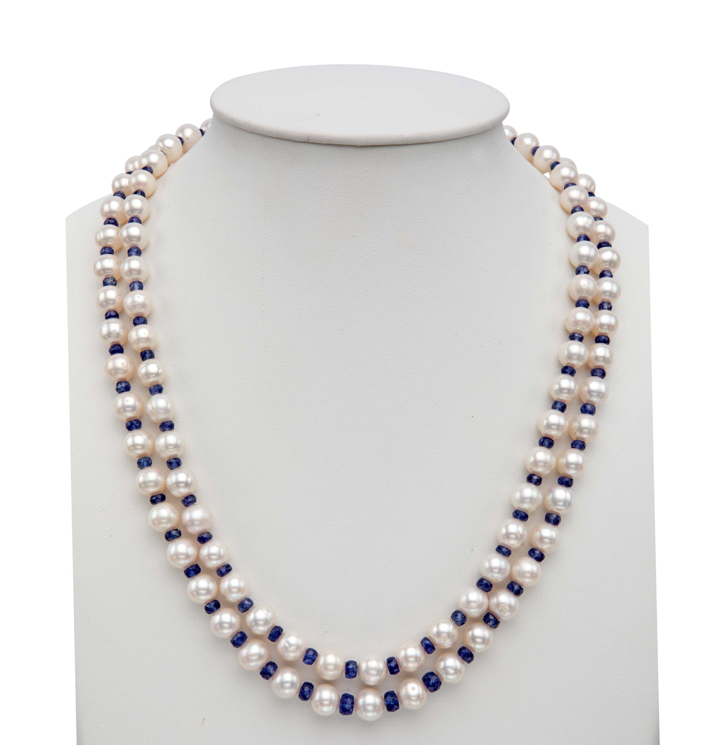Natural Blue Sapphire And 6.0-7.0mm Near Round  Freshwater Pearl Necklace Set - AA Quality