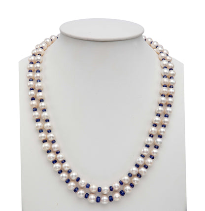 Natural Blue Sapphire And 6.0-7.0mm Near Round  Freshwater Pearl Necklace Set - AA Quality