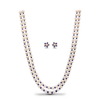 Natural Blue Sapphire And 6.0-7.0mm Near Round  Freshwater Pearl Necklace Set - AA Quality