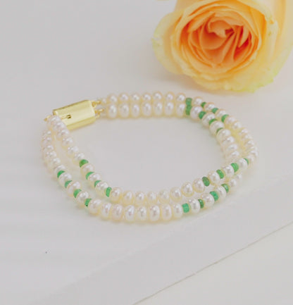 5.0-6.0mm Natural Emerald White Button Freshwater  Pearl Bracelet