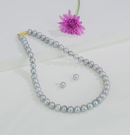 10.0-11.0mm Grey Near Round Freshwater Pearl Necklace Set - A Quality