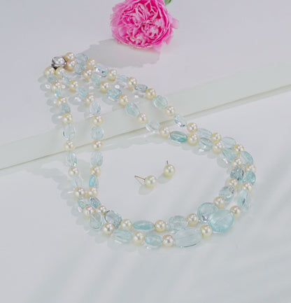 Natural Luxury Aquamarine Beads and 8.0-9.0mm Golden Akoya Saltwater Pearls Necklace Set - A Quality