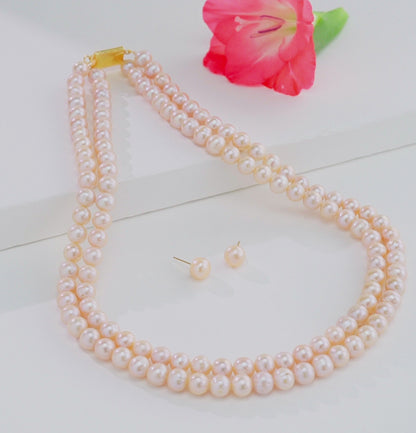 7.0-8.0mm Pink Near Round Freshwater Pearl Necklace Set - AA Quality