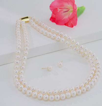 8.0-9.0mm White Near Round Freshwater Necklace Set - AA Quality