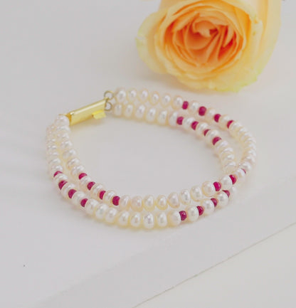 5.0-6.0mm Natural Ruby White Button Freshwater Pearl Bracelet