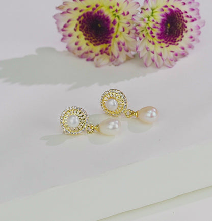 Glitzy White Stone Drop Freshwater Pearl Stud Earring
