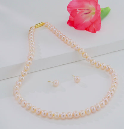 7.0-8.0mm Pink Near Round Freshwater Pearl Necklace Set - AA Quality