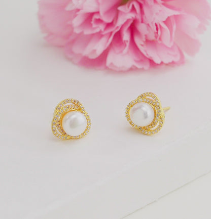 Perfection White Stone Freshwater Pearl Stud Earrings