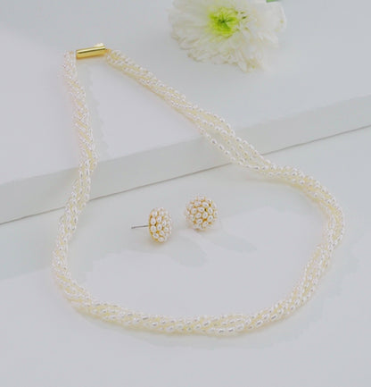3.0-4.0mm White Rice Freshwater Pearl Necklace Set - AAA Quality