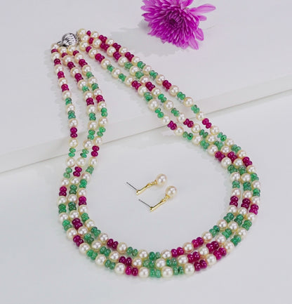 Natural Ruby & Emerald Beads and 6.0-7.0mm Golden Akoya Saltwater Pearls Necklace Set - A Quality