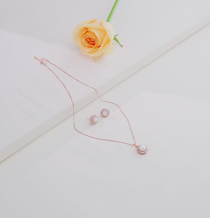 Charming Silver Rose Gold Freshwater Pearl Necklace Set