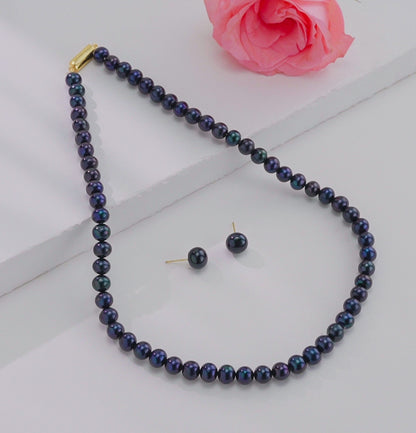 7.0-8.0mm Black Near Round Freshwater Pearl Necklace Set - A Quality