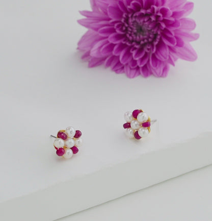 Natural Ruby Near Round White Freshwater Pearl Stud Earrings