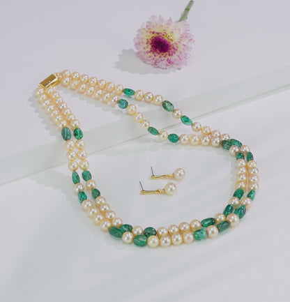 Natural Emerald Beads and 7.0-8.0mm Golden Akoya Saltwater Pearls Necklace Set - A Quality