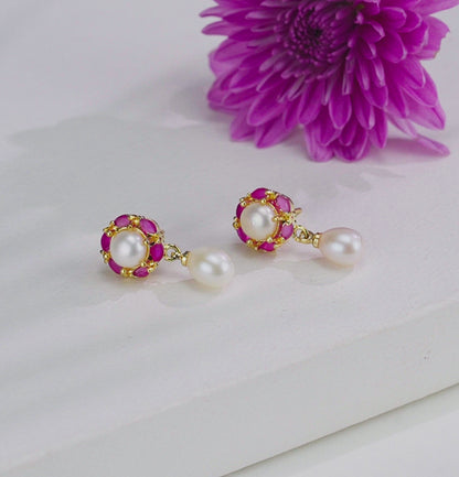 Adorable Red Stone Freshwater Pearl Stud Earrings