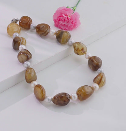 Brown Agate Semi Precious Beads & Multicolor Freshwater Pearl Necklace
