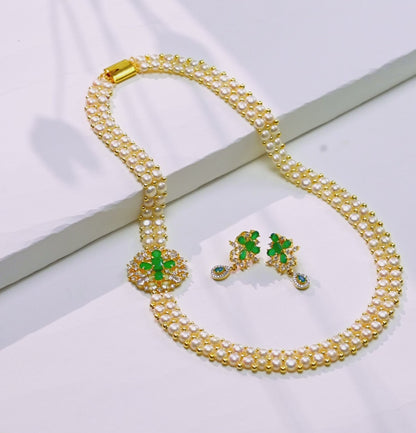 Regal Button Fancy Green Stone Freshwater Pearl Necklace Set