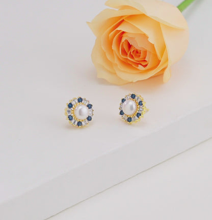 Exquisite Blue Stone Freshwater Pearl Studs Earrings