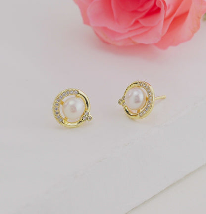 Delicate White Stone Freshwater Pearl Stud Earrings