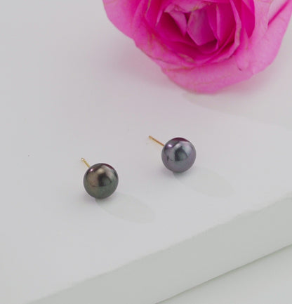 Dark Blue Button Freshwater Pearl Stud Earrings