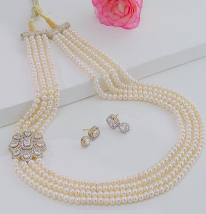 Artisanal White Stone Side Piece Freshwater Pearl Necklace Set