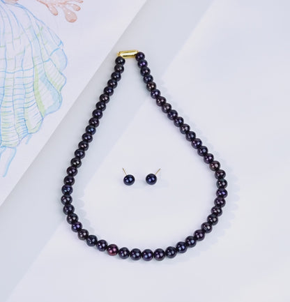 8.0-9.0mm Black Near Round Freshwater Pearl Necklace Set - AA Quality