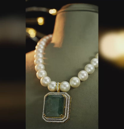 Adorable Diamond Emerald Pendent With Salt Water Pearl Necklace