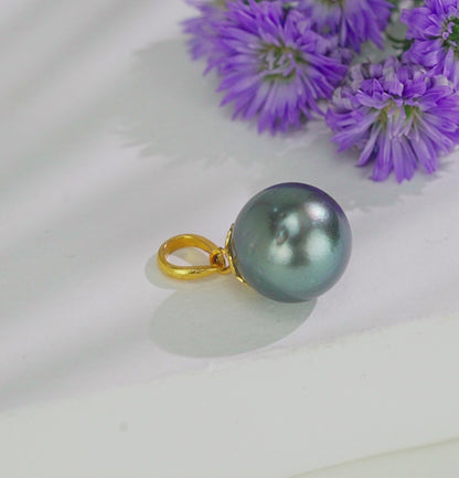 14.0-15.0mm Radiant Black Tahitian Pearl With 22K Yellow Gold Pearl Locket