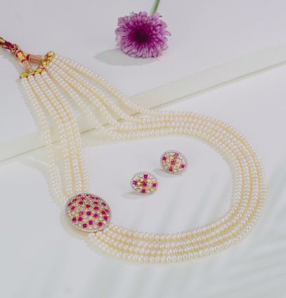 Stunning Red Stone Side Piece Freshwater Pearl Necklace and Earring Set