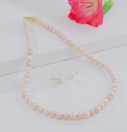 7.0-8.0mm Multicolor Near Round Freshwater Pearl Necklace Set- AA Quality