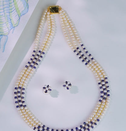 Natural Blue Sapphire And 5.0-6.0mm Button Freshwater Pearl Necklace Set - AA Quality