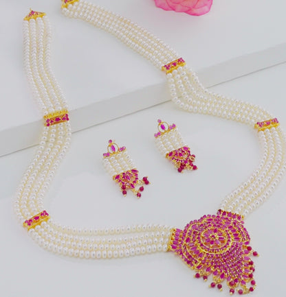 Traditional Rani Haar Red Stone With Freshwater Pearl Necklace Set