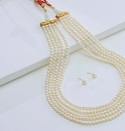 5.0-6.0mm White Button Fancy Freshwater Pearl Necklace Set - AAA Quality