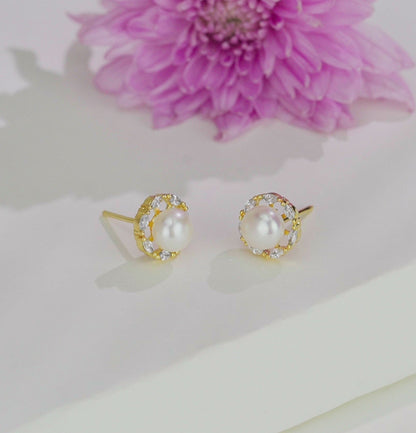 Stunning White Stone Freshwater Pearl Stud Earrings