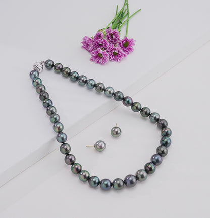 12.0-13.0mm Round Black Tahitian Saltwater Pearl Necklace Set - AA Quality