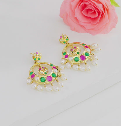 Dramatic Red Green Multicolor Drop Freshwater Pearl Chand Bali