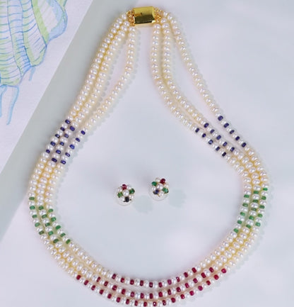 Natural Mix Ruby & Sapphire & Emerald And 5.0-6.0mm Button Freshwater Pearl Necklace Set - AA Quality