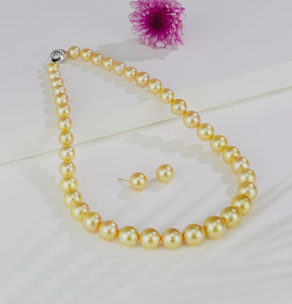12.0-13.0mm Golden Round South Sea Pearls Necklace Set - AAA Quality