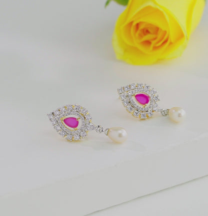 Gifted Red Stone Freshwater Pearl Stud Earrings