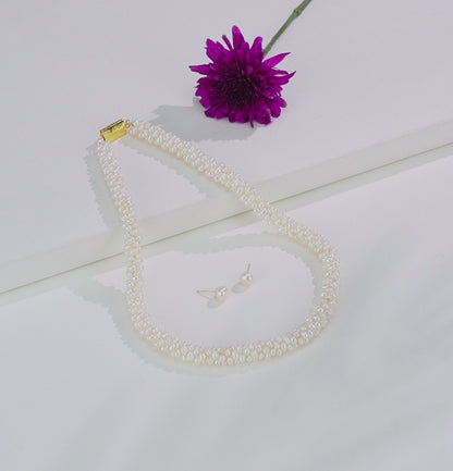 2.0-3.0mm White Oval Fancy Freshwater Pearl Necklace Set - AA Quality