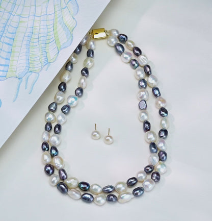 12.0-13.0mm Semi Baroque  Multicolor Freshwater Pearl Necklace Set - A Quality