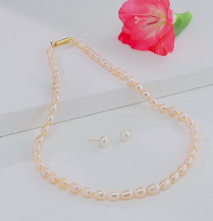 8.0-9.0mm Pink Drop Freshwater Pearl Necklace Set - A Quality