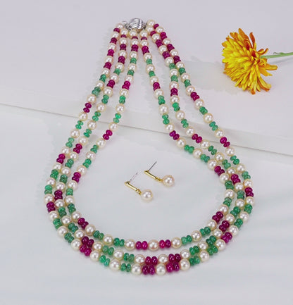 Natural Ruby & Emerald Beads and 6.0-7.0mm Golden Akoya Saltwater Pearls Necklace Set - A Quality