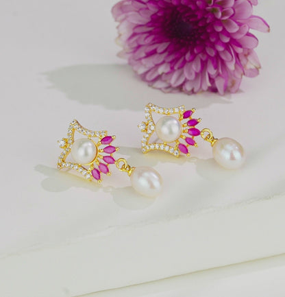 Gifted Red Stone Freshwater Pearl Stud Earrings