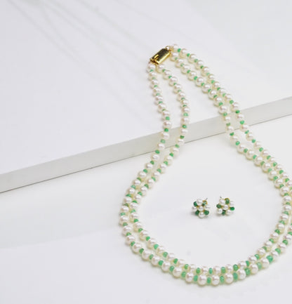 Natural Emerald With 6.0-7.0mm Near Round  Freshwater Pearl Necklace Set-AA Quality