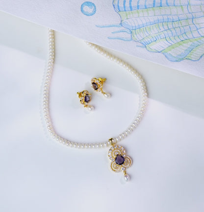 Vitreous Blue Stone Freshwater Pearl Necklace Set