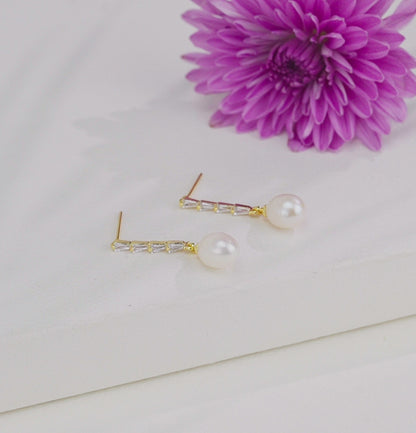 Shimmering White Stone Hanging Freshwater Pearl Studs Earrings