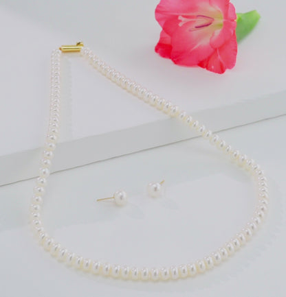 5.0-6.0mm White Button Freshwater Pearl Necklace Set - AA Quality