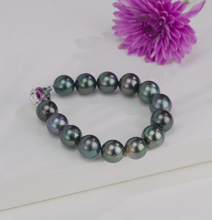 12.0-13.0mm Round Black Tahitian Saltwater Pearl Bracelet - AA Quality
